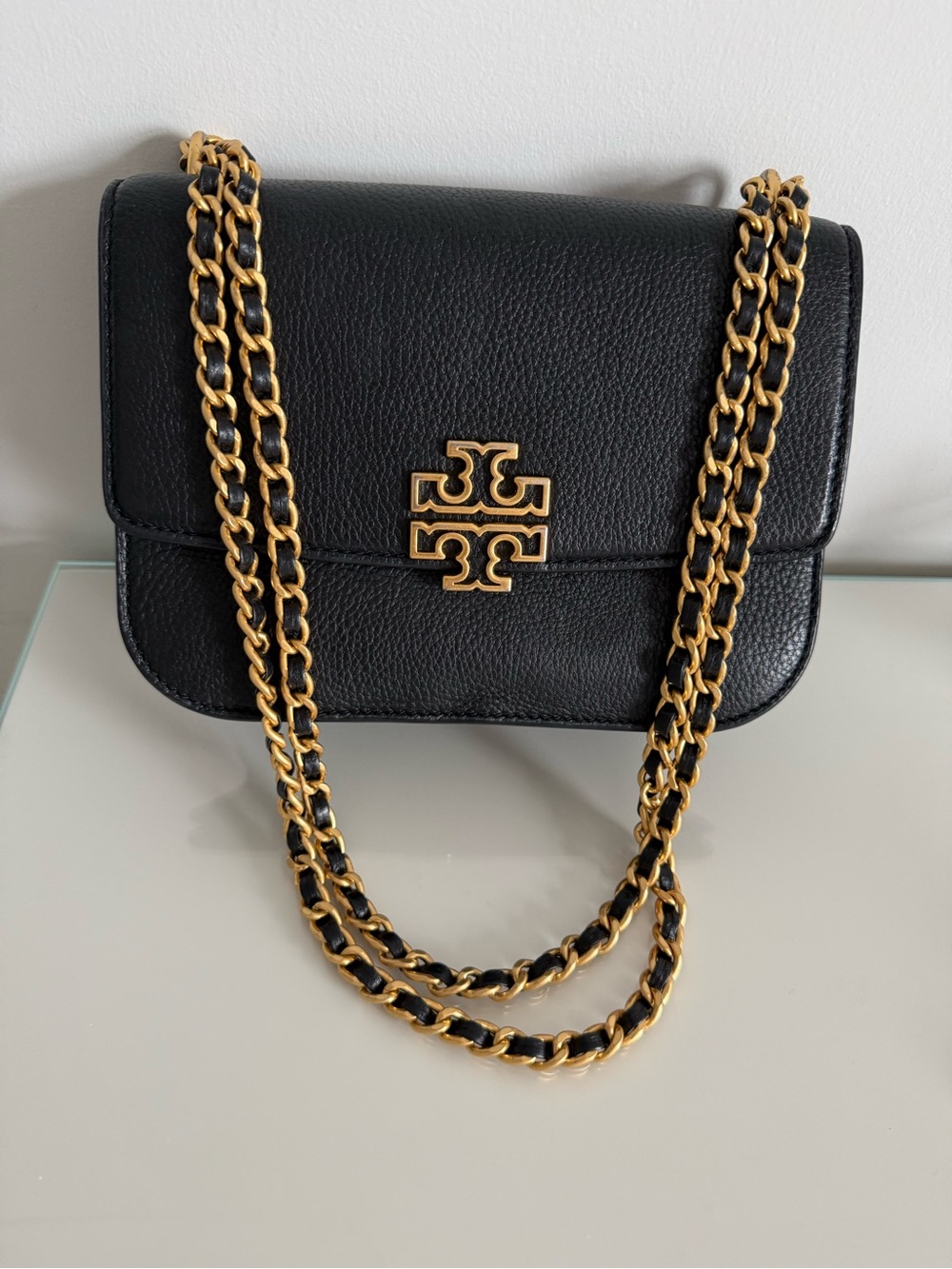 Tory Burch Black Pebbled Leather Crossbody with Gold Chain